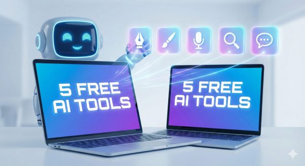 A smiling robot points at icons above two laptops that display the text "5 FREE AI TOOLS" on their screens. The background is light and modern, suggesting a tech environment.