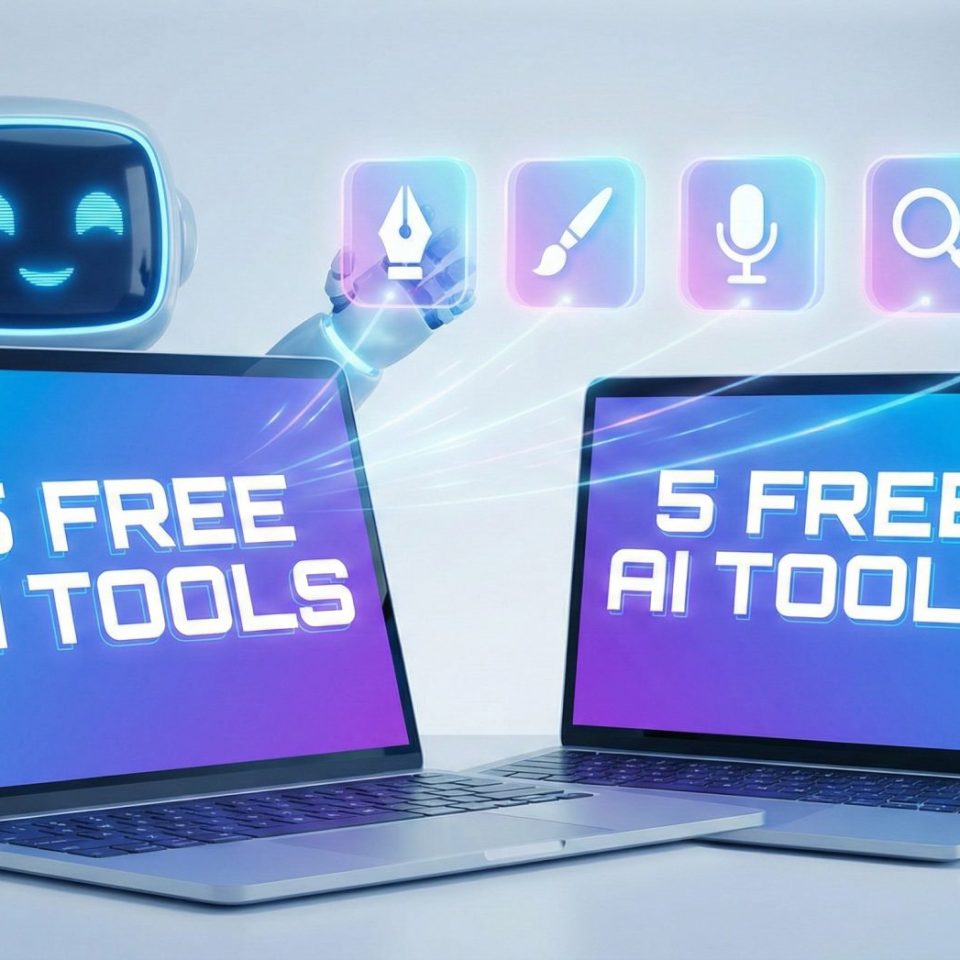 A smiling robot points at icons above two laptops that display the text "5 FREE AI TOOLS" on their screens. The background is light and modern, suggesting a tech environment.