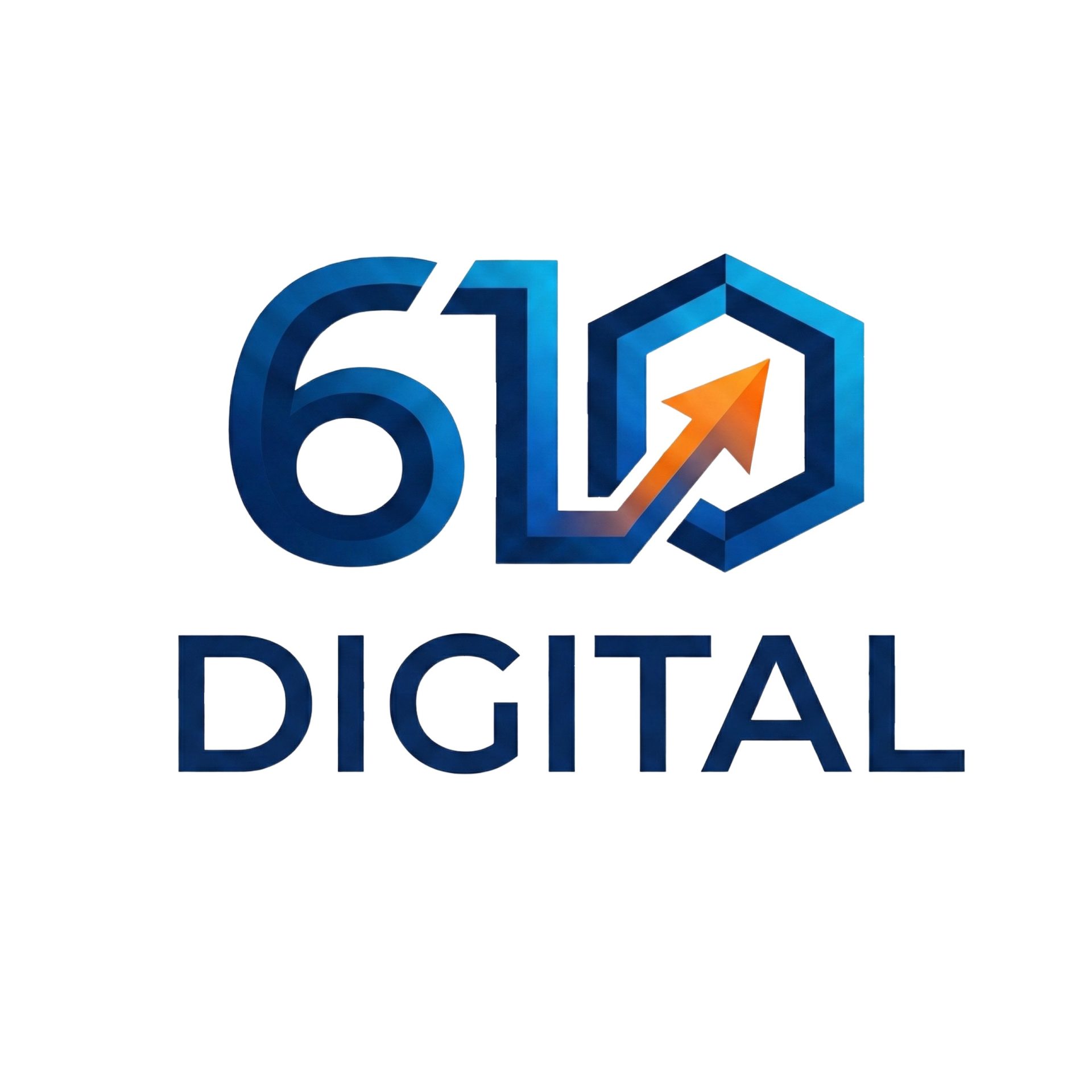 Logo with "610" in blue, where the "0" is a hexagon containing an orange upward arrow. The word "DIGITAL" is written below in blue capital letters. White background.
