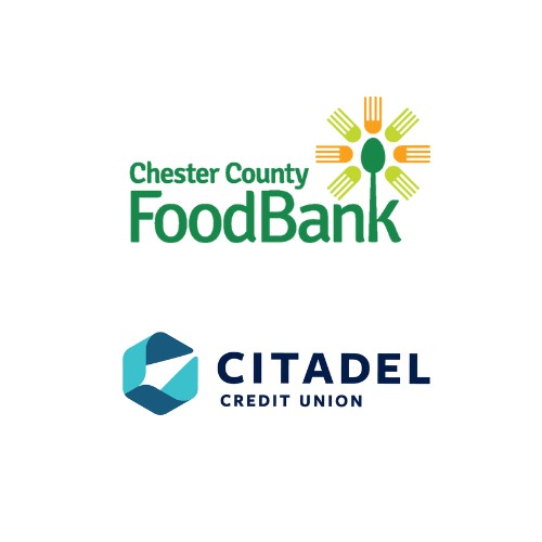 Image showing two logos. The top logo is for the Chester County Food Bank, featuring the name and a design of spoons and forks forming a sun. The bottom logo is for Citadel Credit Union, displaying a geometric icon and the text "CITADEL CREDIT UNION.