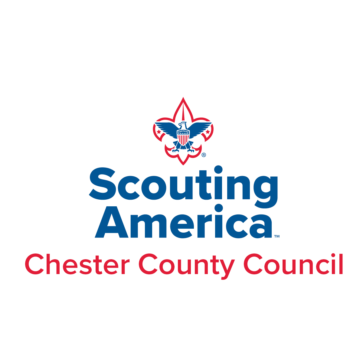 Logo with blue fleur-de-lis and eagle above the words "Scouting America" in blue and "Chester County Council" in red, all on a white background.