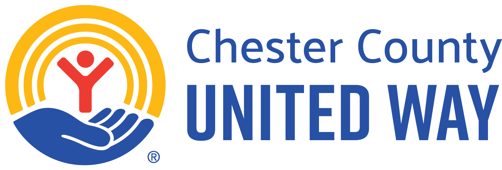 Chester County United Way logo with a blue hand holding a red person symbol, surrounded by yellow arcs, and the organization’s name in blue text on a white background.