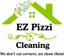 Logo for "EZ Pizzi Cleaning" featuring a green house outline with flowers on the roof. Below, the text reads: "We don’t cut corners, we clean them!" Decorative vines accent the text.
