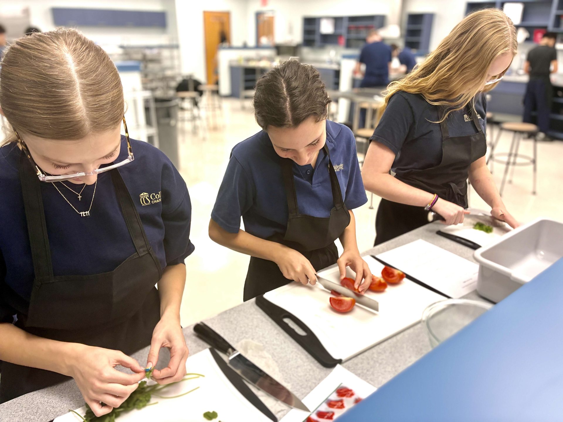 Three girls wearing dark aprons and blue shirts stand at a kitchen counter, focused on preparing food. One chops herbs, another slices a tomato, and the third peels greens. Cooking utensils and ingredients are on the counter.