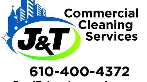 Logo for J&T Commercial Cleaning Services with stylized cityscape and church, company name, phone number 610-400-4372, and website JandTcleaningservices.com in bold black and green text.