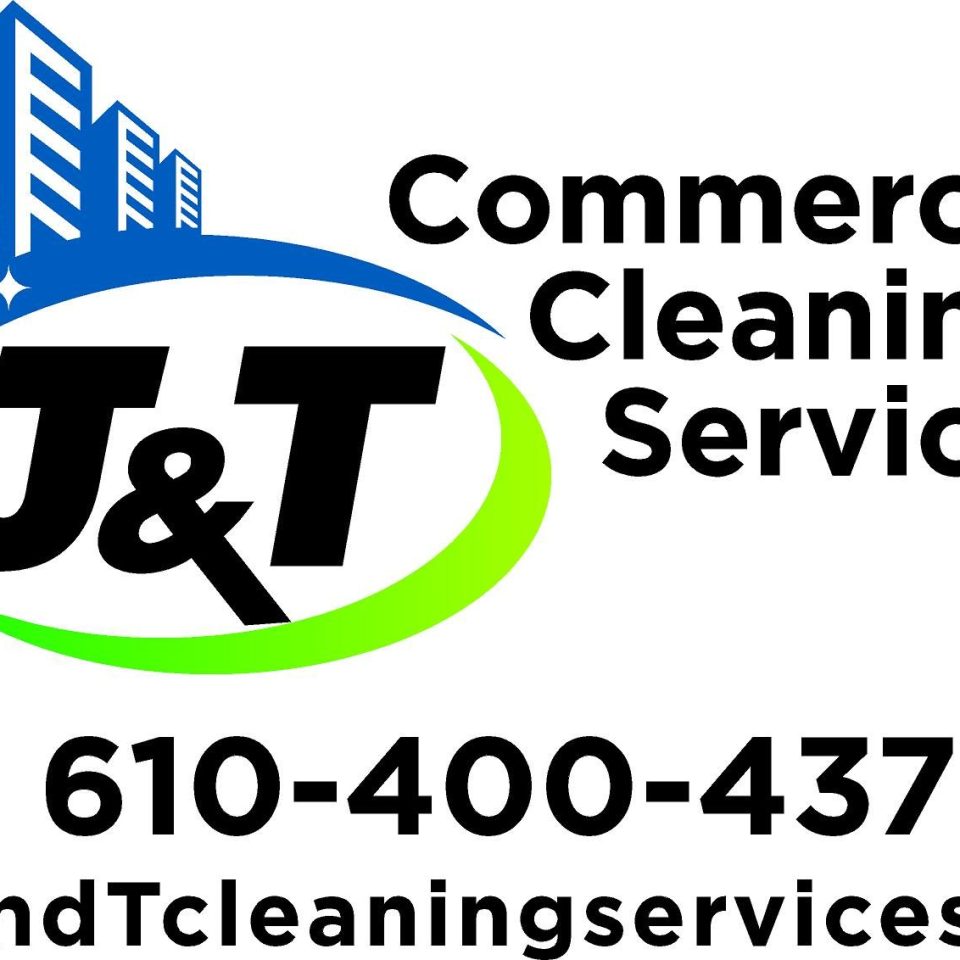Logo for J&T Commercial Cleaning Services with stylized cityscape and church, company name, phone number 610-400-4372, and website JandTcleaningservices.com in bold black and green text.