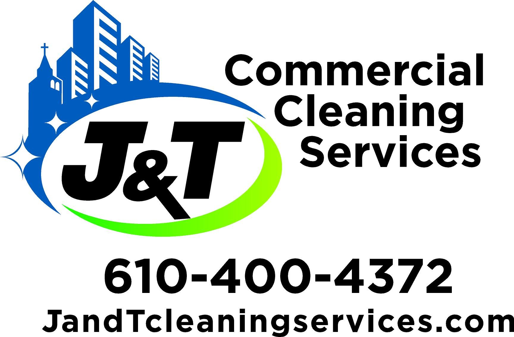 Logo for J&T Commercial Cleaning Services with stylized cityscape and church, company name, phone number 610-400-4372, and website JandTcleaningservices.com in bold black and green text.