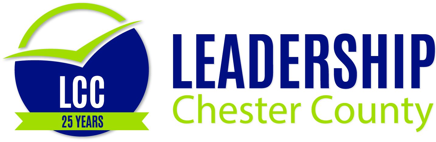 Logo for Leadership Chester County. On the left, a blue circle with "LCC" and "25 YEARS" on a green ribbon. On the right, "LEADERSHIP" in blue and "Chester County" in green.