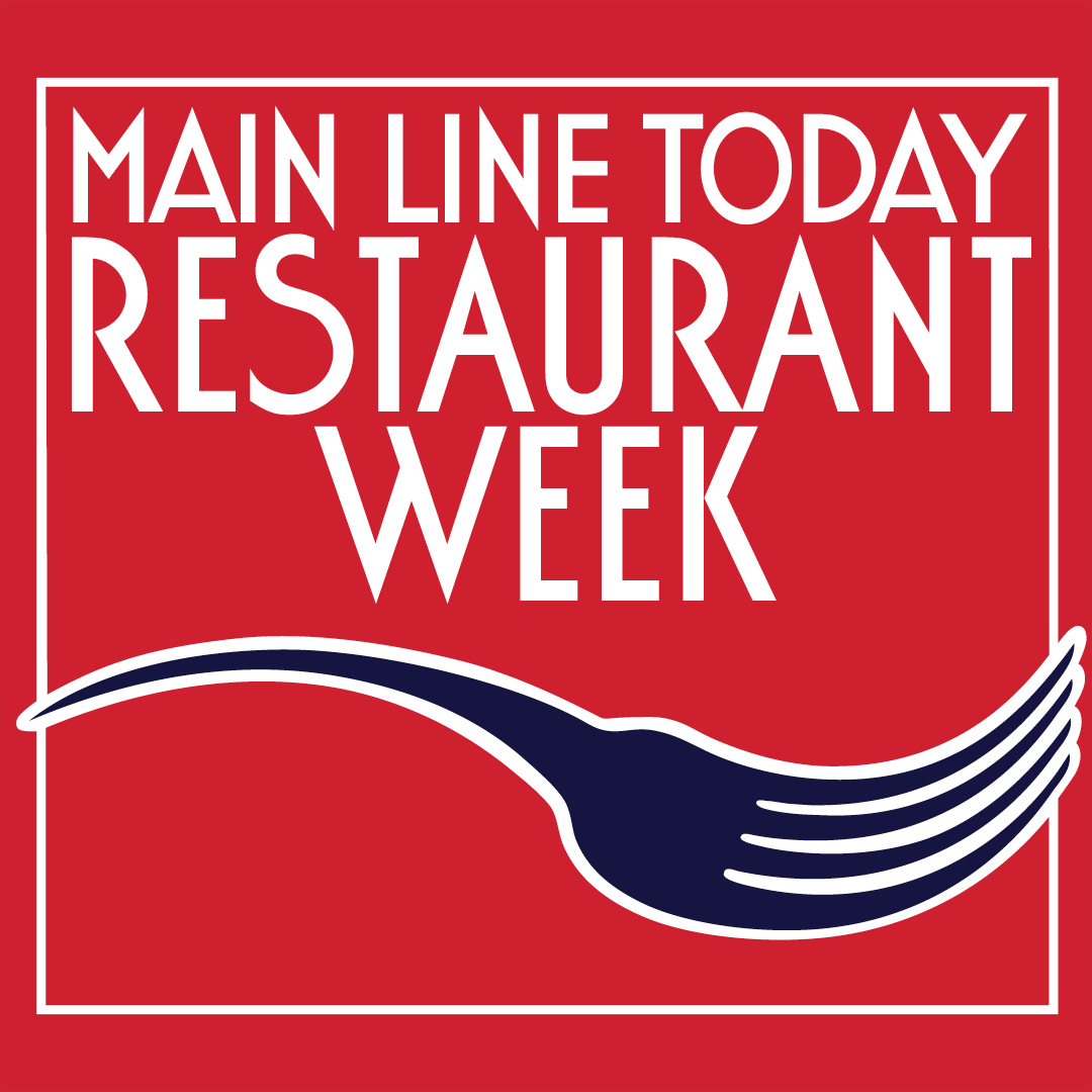 A red square logo with bold white text reading "Main Line Today Restaurant Week." Below the text is a stylized blue fork design extending horizontally across the image.