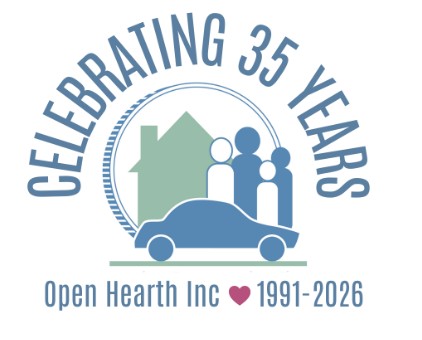 Logo with text "Celebrating 35 Years," a house and people silhouette behind a car, and "Open Hearth Inc ♥ 1991-2026" below, marking 35 years of the organization.