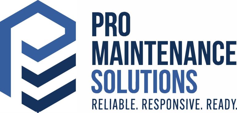 Logo for Pro Maintenance Solutions featuring a stylized blue hexagon design on the left and the words "PRO MAINTENANCE SOLUTIONS" and "RELIABLE. RESPONSIVE. READY." in bold blue text on the right.