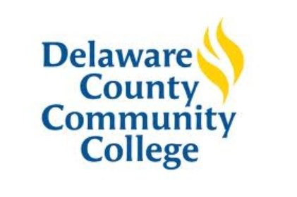 Logo of Delaware County Community College with blue text and three yellow flame-like shapes on the right.