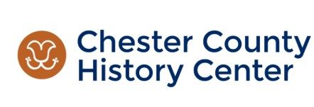 Logo for Chester County History Center. It features an orange circle with a white abstract symbol on the left, and the words "Chester County History Center" in dark blue text to the right.