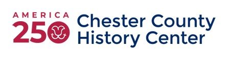 Logo for the Chester County History Center with the text "America 250" in red and "Chester County History Center" in blue, featuring a red circular emblem with a white abstract design.