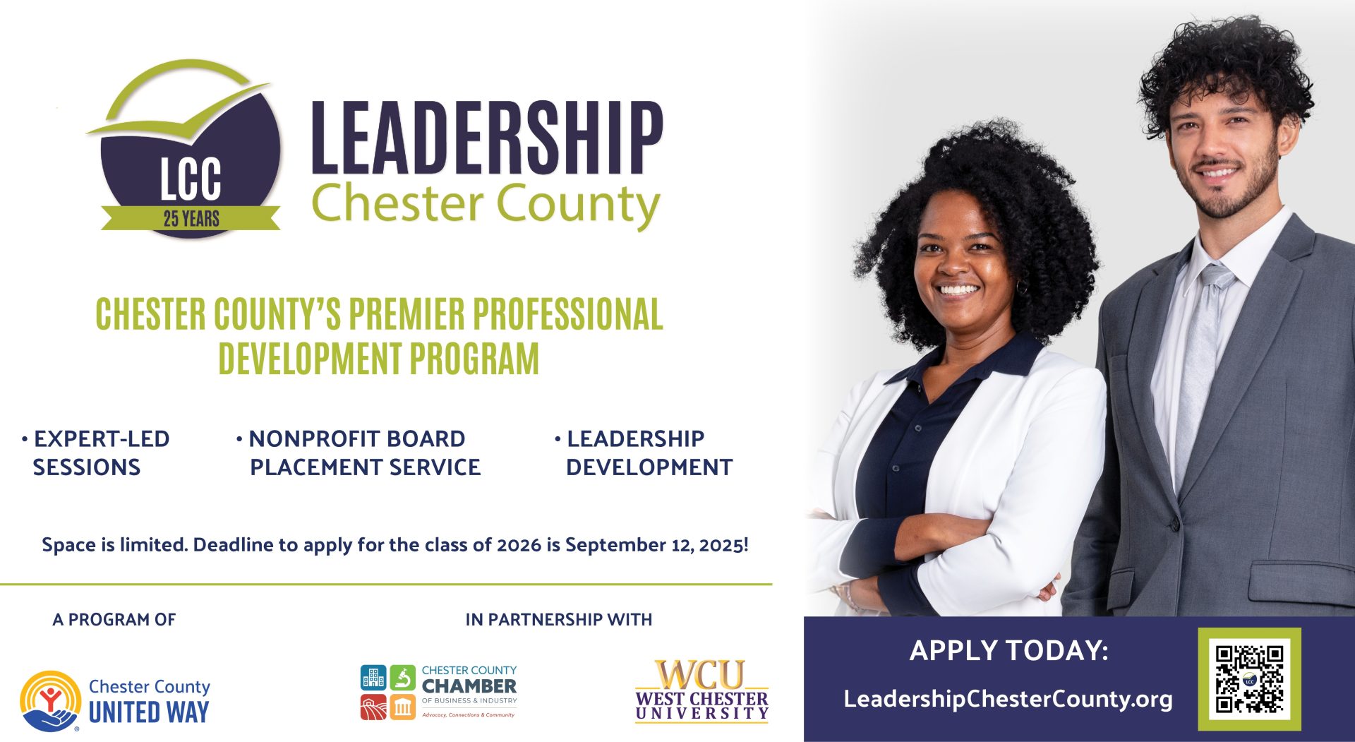 Two professionals, a woman and a man, stand smiling next to promotional text for Leadership Chester County, advertising its professional development program with a QR code and application details. Logos of partner organizations are at the bottom.