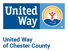 Logo for United Way of Chester County. The top part features the United Way logo with a stylized person in red, held by a blue hand with an orange background. The text "United Way" appears in white on a blue background. Below, it reads "United Way of Chester County.