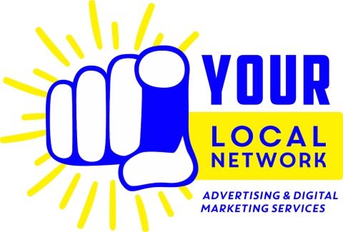 Illustration of a blue and white fist with radiating yellow lines next to the text "YOUR LOCAL NETWORK" in blue and yellow. Below, it says "ADVERTISING & DIGITAL MARKETING SERVICES.