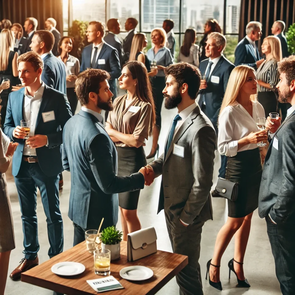 A group of people at a formal networking event in a well-lit room. Two men in suits are shaking hands in the foreground. Others are engaged in conversation, holding drinks. A table with drinks and a small plant is nearby. Large windows show a city view.