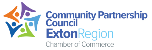 Logo for the Community Partnership Council Exton Region Chamber of Commerce, featuring five colorful abstract human figures forming a circle on the left and the organization’s name in blue and green text on the right.