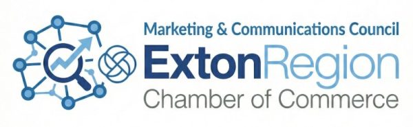 Logo of the Exton Region Chamber of Commerce Marketing & Communications Council, featuring a network icon with a magnifying glass and arrow, alongside the organization’s name in blue and gray text.