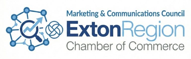 Logo of the Exton Region Chamber of Commerce Marketing & Communications Council, featuring a network icon with a magnifying glass and arrow, alongside the organization’s name in blue and gray text.