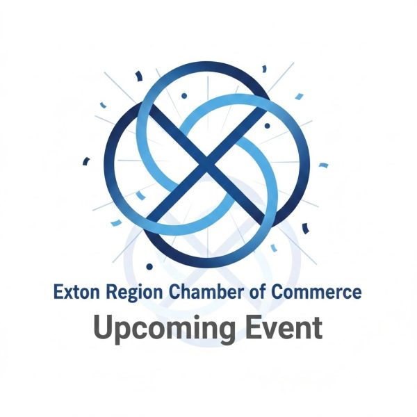 Logo with overlapping blue circles and lines, text reading "Exton Region Chamber of Commerce Upcoming Event" on a white background with confetti-like accents.