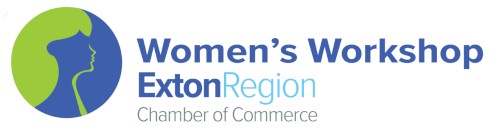 Logo for the Women’s Workshop by Exton Region Chamber of Commerce, featuring a blue and green silhouette of a woman's profile beside the event name in blue and light blue text.