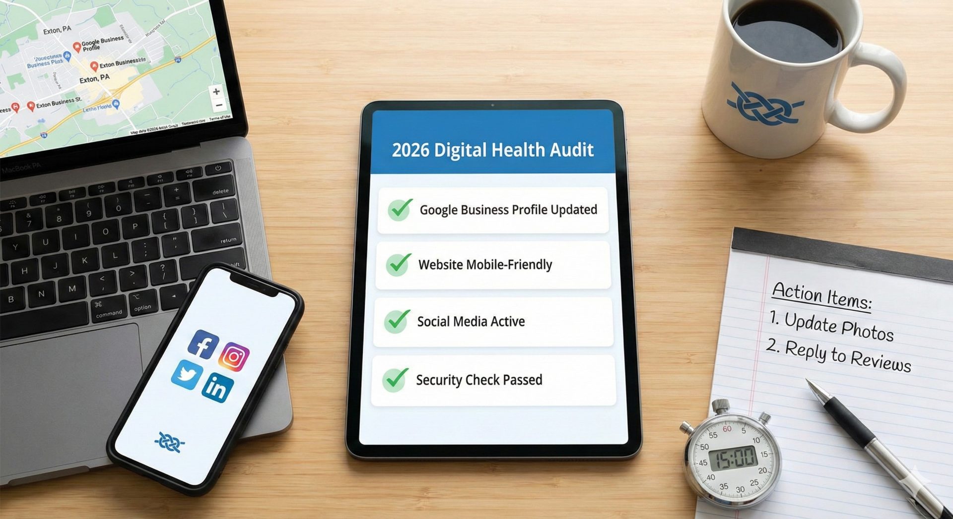 A tablet on a desk displays a 2026 Digital Health Audit checklist. Surrounding items include a laptop with a map, smartphone with social media icons, coffee, stopwatch, and notepad labeled "Action Items: 1. Update Photos, 2. Reply to Reviews.