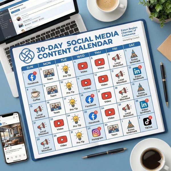 A laptop, coffee cup, phone, and pen surround a 30-day social media content calendar featuring daily icons for Facebook, Instagram, LinkedIn, TikTok, and themed posts like tips, videos, and local shoutouts.