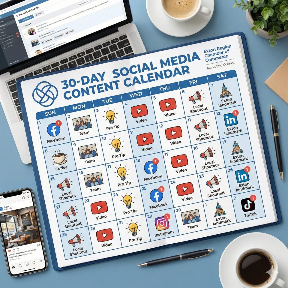 A laptop, coffee cup, phone, and pen surround a 30-day social media content calendar featuring daily icons for Facebook, Instagram, LinkedIn, TikTok, and themed posts like tips, videos, and local shoutouts.