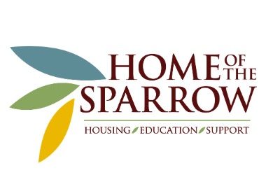 Logo for "Home of the Sparrow" featuring stylized leaf graphics in green, blue, and yellow. Below, the words "Housing," "Education," and "Support" are separated by small leaf icons.