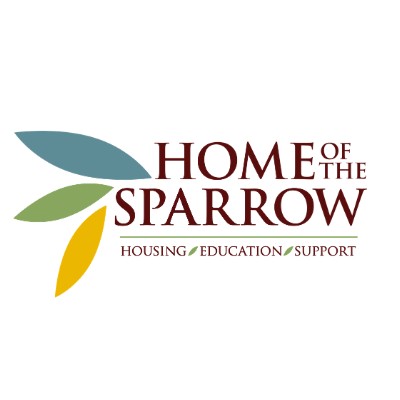 Logo for "Home of the Sparrow" featuring stylized leaf graphics in green, blue, and yellow. Below, the words "Housing," "Education," and "Support" are separated by small leaf icons.