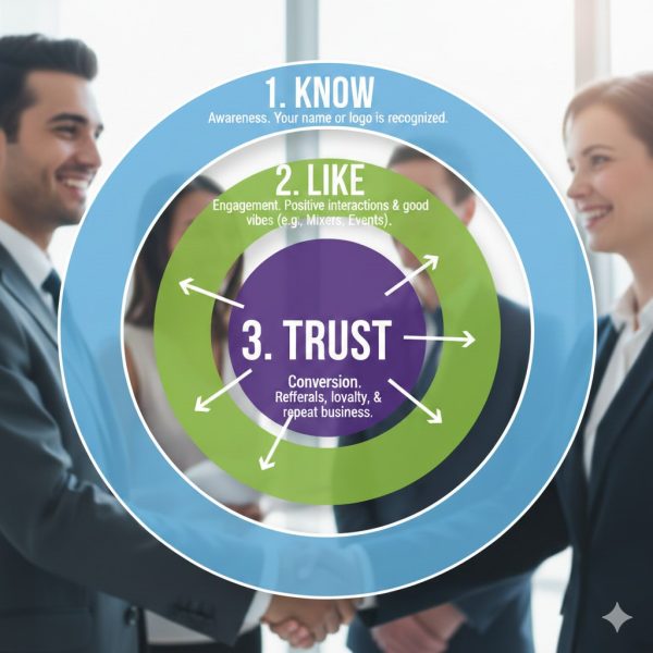 Four business professionals shake hands in the background. Overlaid are three concentric circles labeled: 1. Know (awareness), 2. Like (engagement), and 3. Trust (conversion, referrals, loyalty). Arrows connect the circles.